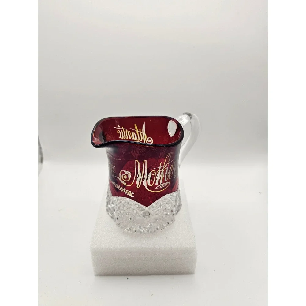Antique 1907 Atlantic City Ruby Stained Glass Souvenir Pitcher EAPG Mother 4in